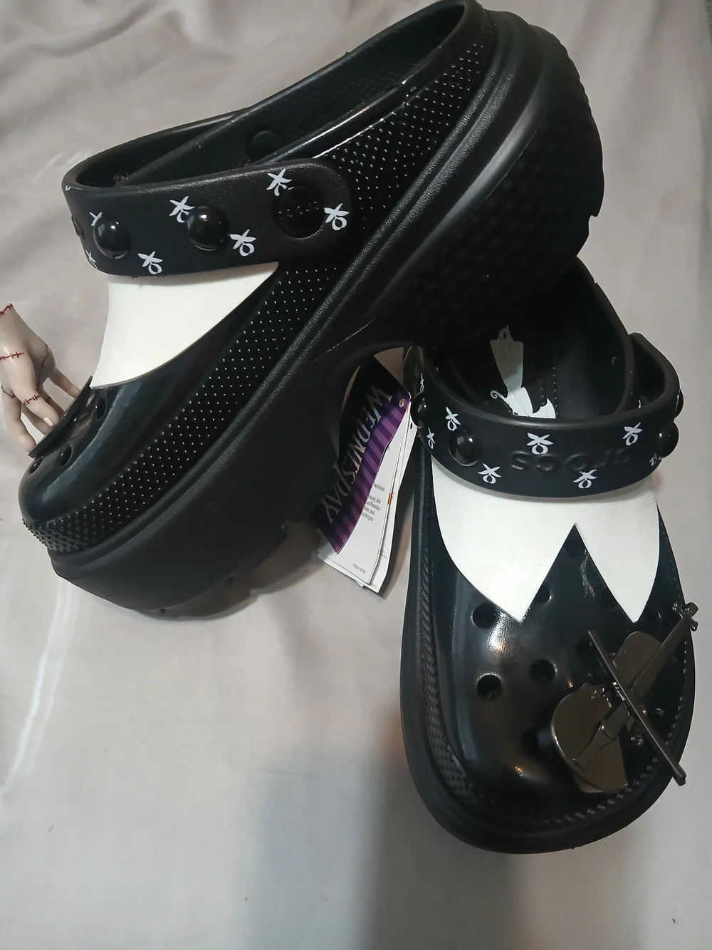 CROCS Black and White Platform Mary Jane Clogs with Detachable Hand Charm